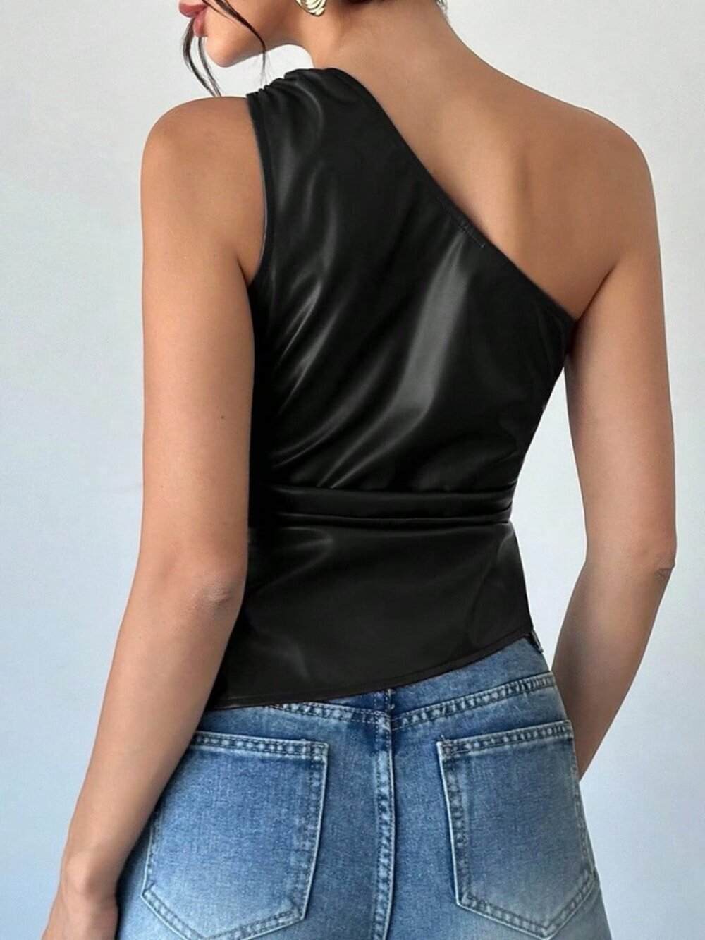 Black Metallic One-Shoulder Women's Sleeveless Faux Leather Blouse - Picture 2 of 7